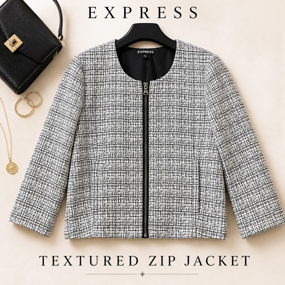Express Textured Zip Front Jacket Blazer Black White Size Small
